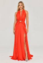 Load image into Gallery viewer, Lace-Up Double Feather Slit Satin Maxi Dress