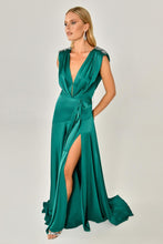 Load image into Gallery viewer, Shoulder-Padded and Brooch-Adorned Deep Slit Satin Long Evening Dress