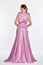 Load image into Gallery viewer, Shoulder-Padded and Brooch-Adorned Deep Slit Satin Long Evening Dress