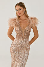 Load image into Gallery viewer, Sequined Tulle and Feather Long Evening Gown