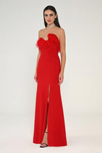 Load image into Gallery viewer, Asymmetric Cut Crepe Long Dress with Strapless Feathered Top
