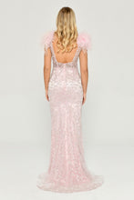 Load image into Gallery viewer, Sequined Tulle and Feather Long Evening Gown