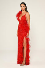 Load image into Gallery viewer, Spaghetti Strap Feather Trim Slit Sequin Long Dress