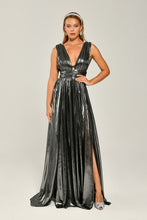 Load image into Gallery viewer, Deep V-Neck Long Evening Dress in Glossy Fabric with Double Front Slit