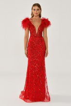 Load image into Gallery viewer, Sequined Tulle and Feather Long Evening Gown