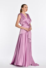 Load image into Gallery viewer, Shoulder-Padded and Brooch-Adorned Deep Slit Satin Long Evening Dress