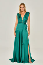 Load image into Gallery viewer, Shoulder-Padded and Brooch-Adorned Deep Slit Satin Long Evening Dress