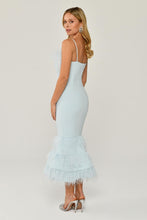 Load image into Gallery viewer, Feathered Midi Evening Dress with Striped Bust