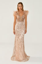Load image into Gallery viewer, Sequined Tulle and Feather Long Evening Gown