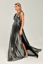 Load image into Gallery viewer, Deep V-Neck Long Evening Dress in Glossy Fabric with Double Front Slit