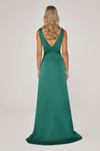 Load image into Gallery viewer, Double Slit Floral Accent Satin Long Evening Dress