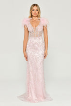 Load image into Gallery viewer, Sequined Tulle and Feather Long Evening Gown