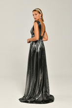 Load image into Gallery viewer, Deep V-Neck Long Evening Dress in Glossy Fabric with Double Front Slit