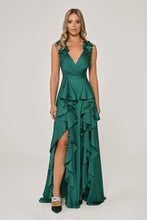 Load image into Gallery viewer, Double Slit Floral Accent Satin Long Evening Dress
