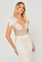 Load image into Gallery viewer, Sequined Tulle and Feather Long Evening Gown
