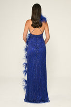 Load image into Gallery viewer, Spaghetti Strap Feather Trim Slit Sequin Long Dress