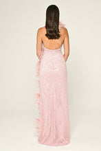Load image into Gallery viewer, Spaghetti Strap Feather Trim Slit Sequin Long Dress