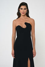 Load image into Gallery viewer, Asymmetric Cut Crepe Long Dress with Strapless Feathered Top