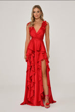 Load image into Gallery viewer, Double Slit Floral Accent Satin Long Evening Dress