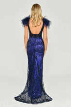 Load image into Gallery viewer, Sequined Tulle and Feather Long Evening Gown