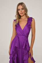 Load image into Gallery viewer, Double Slit Floral Accent Satin Long Evening Dress