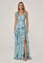 Load image into Gallery viewer, Double Slit Floral Accent Satin Long Evening Dress