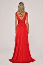 Load image into Gallery viewer, Double Slit Floral Accent Satin Long Evening Dress