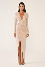 Load image into Gallery viewer, Deep V-Neck Long Sleeve Glossy Evening Dress