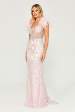 Load image into Gallery viewer, Sequined Tulle and Feather Long Evening Gown