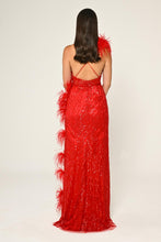 Load image into Gallery viewer, Spaghetti Strap Feather Trim Slit Sequin Long Dress
