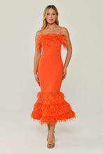 Load image into Gallery viewer, Feathered Midi Evening Dress with Striped Bust