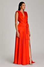 Load image into Gallery viewer, Shoulder-Padded and Brooch-Adorned Deep Slit Satin Long Evening Dress