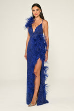 Load image into Gallery viewer, Spaghetti Strap Feather Trim Slit Sequin Long Dress