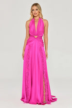 Load image into Gallery viewer, Lace-Up Double Feather Slit Satin Maxi Dress