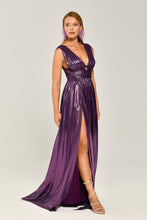 Load image into Gallery viewer, Deep V-Neck Long Evening Dress in Glossy Fabric with Double Front Slit