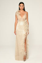 Load image into Gallery viewer, Spaghetti Strap Feather Trim Slit Sequin Long Dress