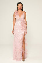Load image into Gallery viewer, Spaghetti Strap Feather Trim Slit Sequin Long Dress