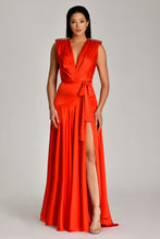 Load image into Gallery viewer, Shoulder-Padded and Brooch-Adorned Deep Slit Satin Long Evening Dress