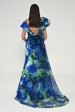 Load image into Gallery viewer, Statement Blue Floral Taffeta Gown with Sculptural Ruffle Shoulder