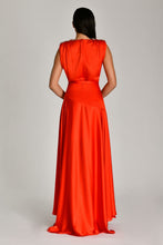 Load image into Gallery viewer, Shoulder-Padded and Brooch-Adorned Deep Slit Satin Long Evening Dress
