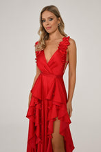 Load image into Gallery viewer, Double Slit Floral Accent Satin Long Evening Dress