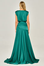 Load image into Gallery viewer, Shoulder-Padded and Brooch-Adorned Deep Slit Satin Long Evening Dress