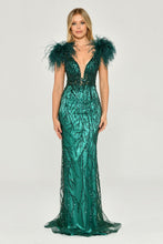 Load image into Gallery viewer, Sequined Tulle and Feather Long Evening Gown