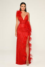 Load image into Gallery viewer, Spaghetti Strap Feather Trim Slit Sequin Long Dress