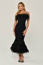 Load image into Gallery viewer, Feathered Midi Evening Dress with Striped Bust