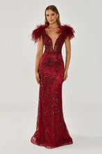 Load image into Gallery viewer, Sequined Tulle and Feather Long Evening Gown