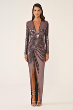 Load image into Gallery viewer, Deep V-Neck Long Sleeve Glossy Evening Dress