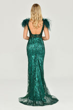 Load image into Gallery viewer, Sequined Tulle and Feather Long Evening Gown