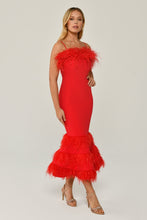 Load image into Gallery viewer, Feathered Midi Evening Dress with Striped Bust