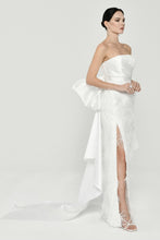 Load image into Gallery viewer, Feathered Sequin Strapless Backless Long Dress with Ribbon Tail Wedding Dress